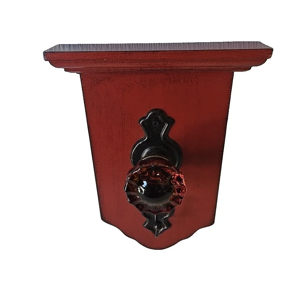 Vintage Wall Hook Rack Red Iron Door Knob Wood Coat Hat Hanger Rustic Farmhouse